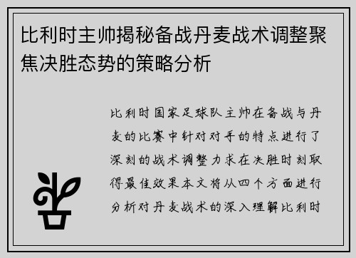 比利时主帅揭秘备战丹麦战术调整聚焦决胜态势的策略分析