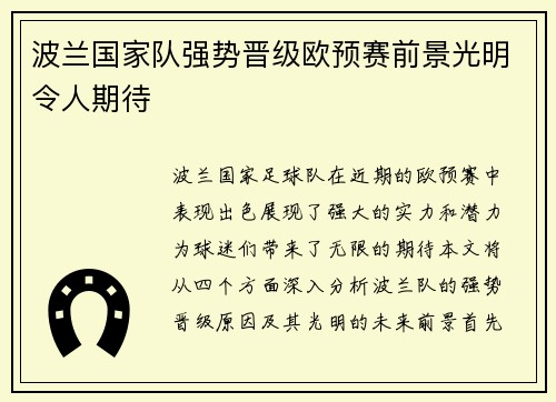 波兰国家队强势晋级欧预赛前景光明令人期待