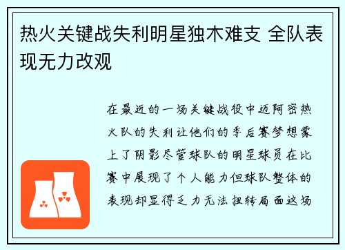 热火关键战失利明星独木难支 全队表现无力改观