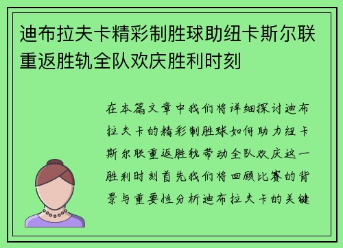 迪布拉夫卡精彩制胜球助纽卡斯尔联重返胜轨全队欢庆胜利时刻